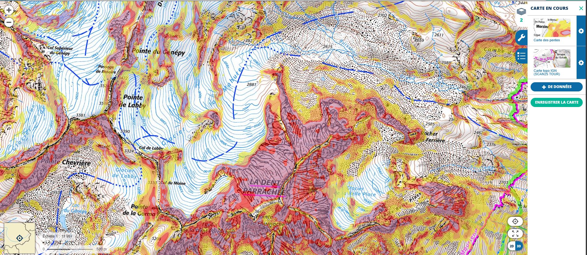 stafkaart met hellingshoek voor inschatten lawinegevaar